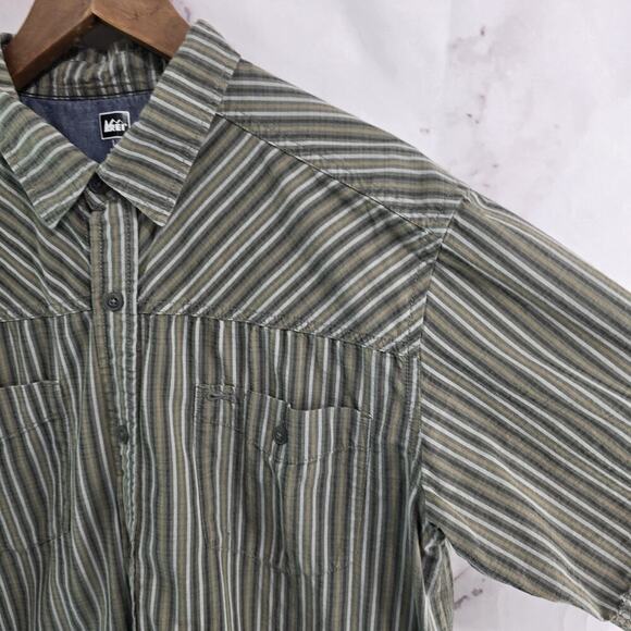 REI Shirt Mens Large Brown Striped Button Up Short Sleeve Vintage Cotton - Picture 8 of 9